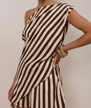 Striped Asymmetric One-shoulder Shorts Set