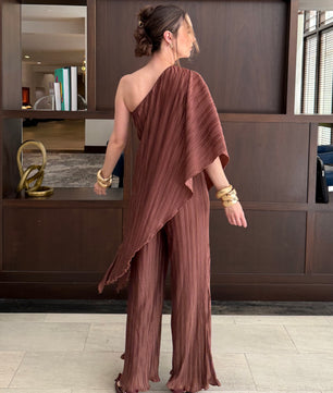 Pleated One Shoulder Tunic Top And Pant Set