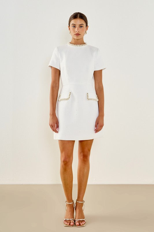 Tweed Beaded Chain Short-sleeved Dress