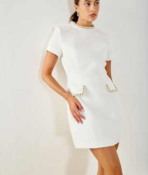 Tweed Beaded Chain Short-sleeved Dress