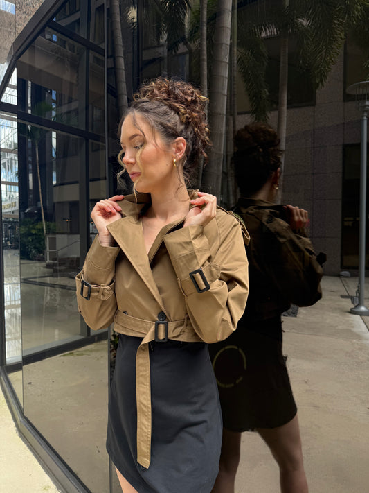 Belted Notch Collar Short Casual Trench Coat