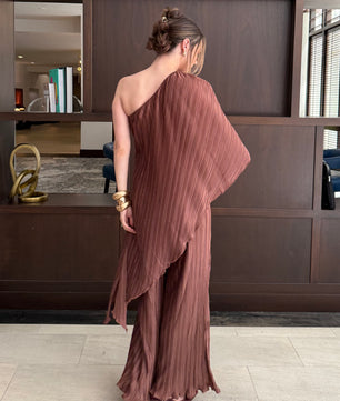 Pleated One Shoulder Tunic Top And Pant Set