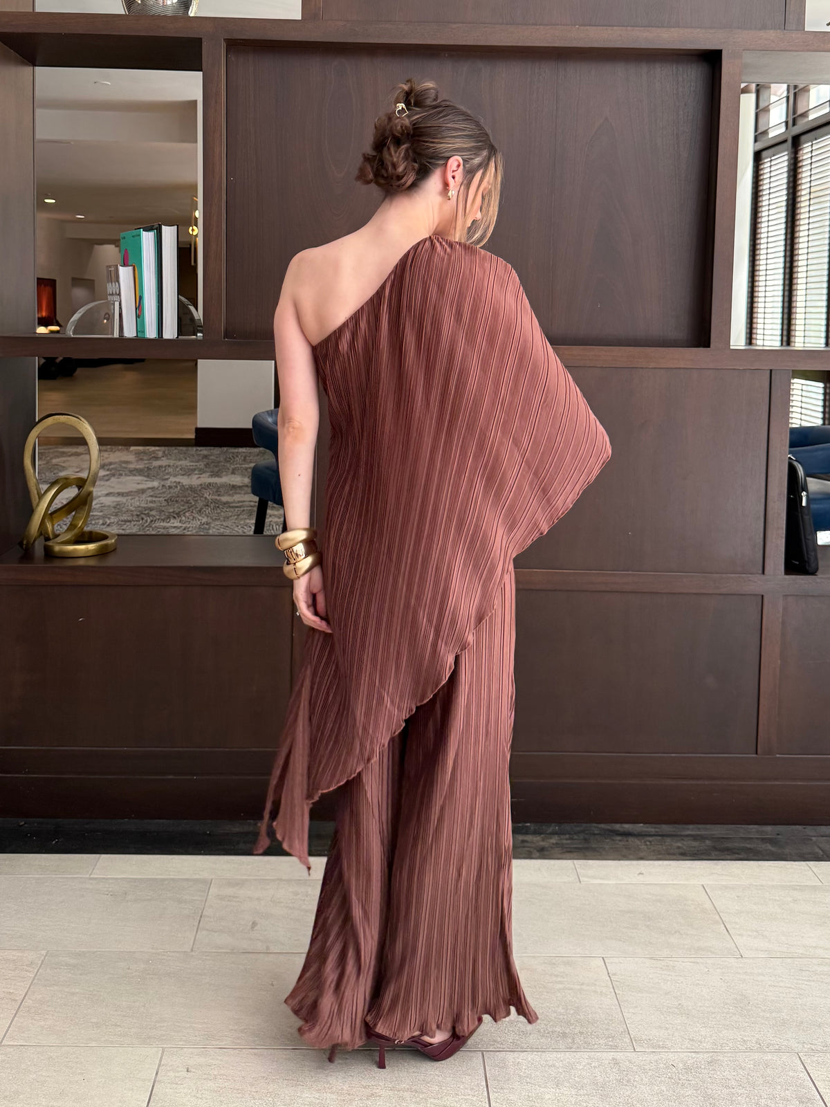 Pleated One Shoulder Tunic Top And Pant Set