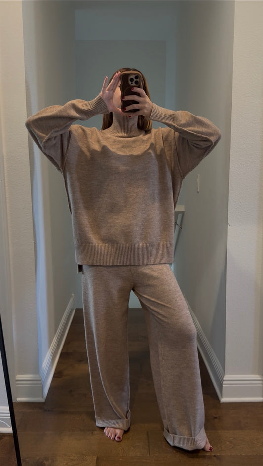 Chunky Knit Turtleneck Sweater And Pants Set