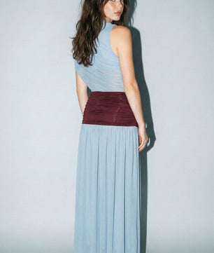 Colorblock Mesh Maxi Dress With Contrast Waist