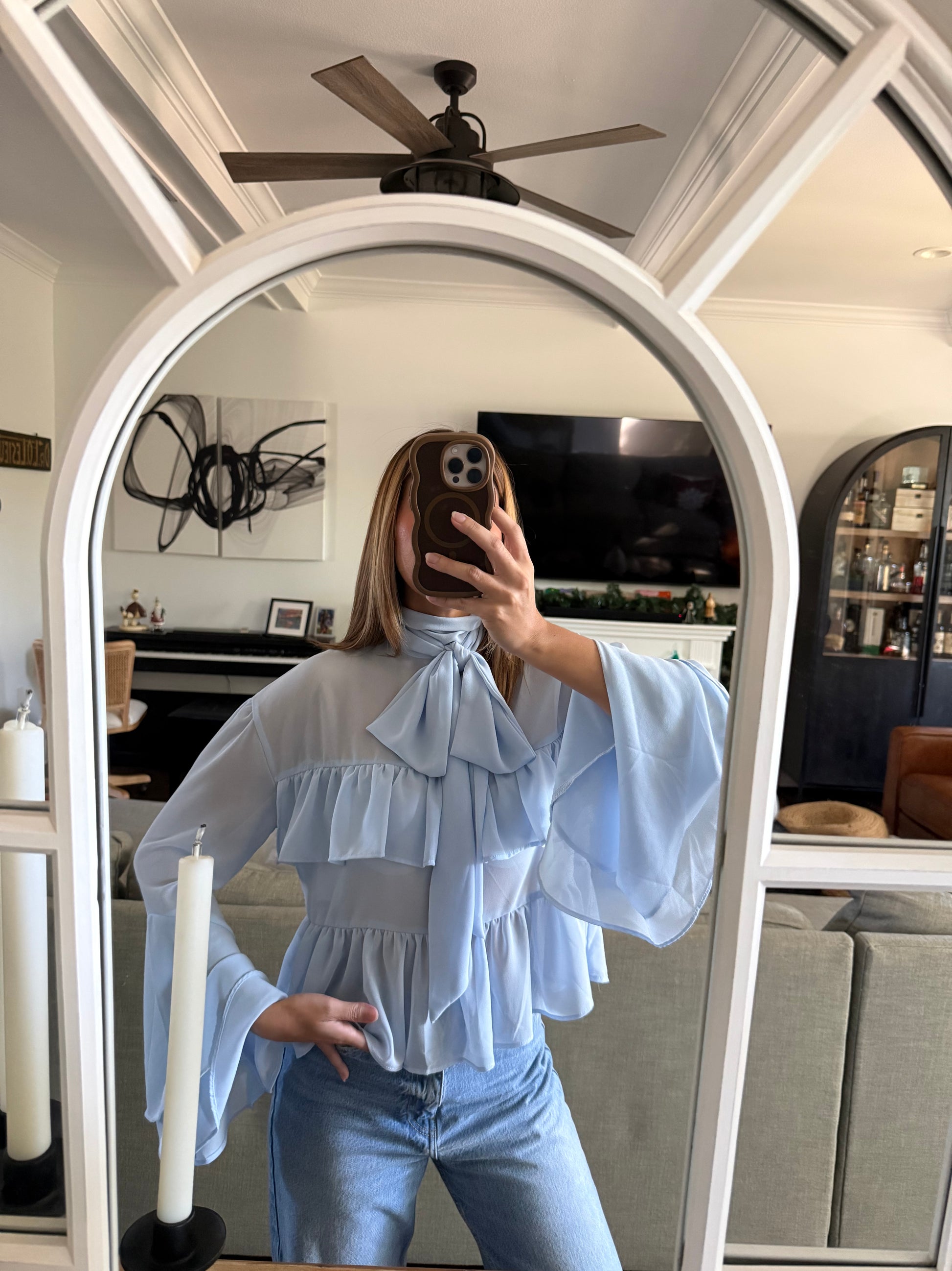 Ruffled Flared Sleeve Layered Sheer Blouse