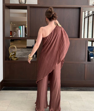 Pleated One Shoulder Tunic Top And Pant Set