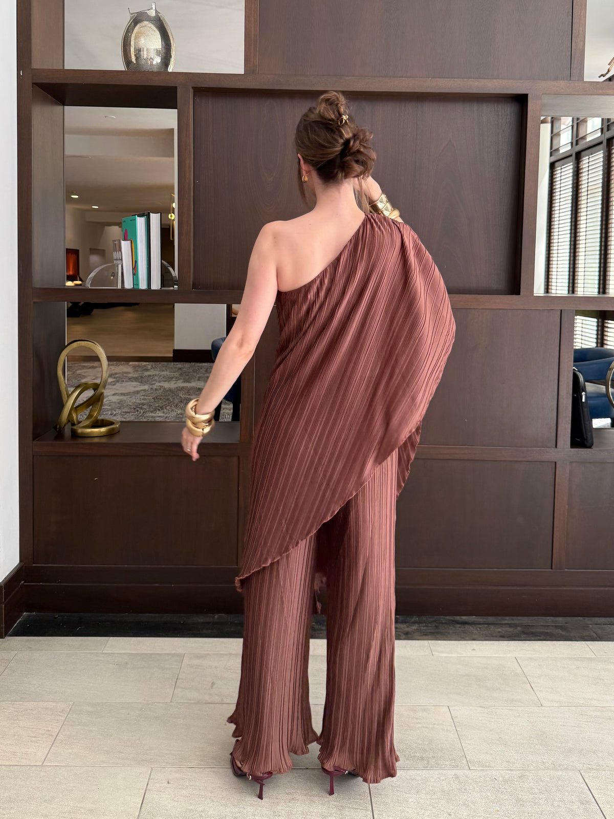 Pleated One Shoulder Tunic Top And Pant Set