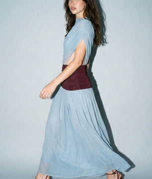 Colorblock Mesh Maxi Dress With Contrast Waist