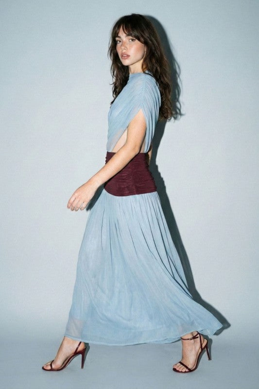 Colorblock Mesh Maxi Dress With Contrast Waist