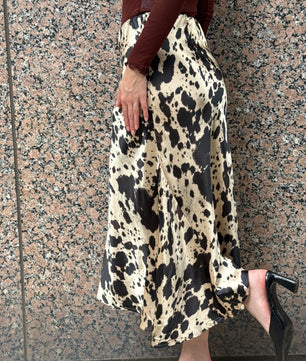 Western Animal Cow Print Satin High Waist Skirt