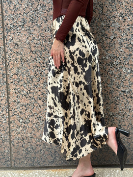 Western Animal Cow Print Satin High Waist Skirt