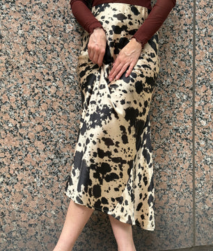Western Animal Cow Print Satin High Waist Skirt