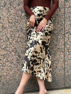 Western Animal Cow Print Satin High Waist Skirt