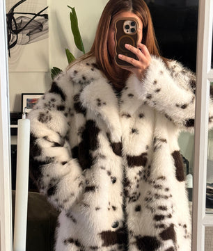 Color block Animal Cow Print Faux Fur Plush Coat