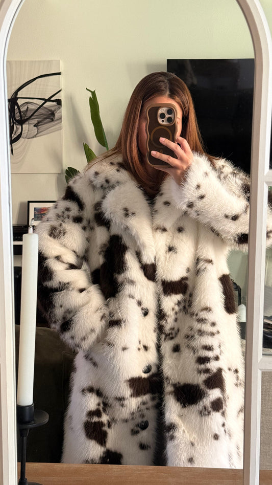 Color block Animal Cow Print Faux Fur Plush Coat