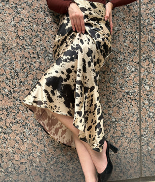 Western Animal Cow Print Satin High Waist Skirt