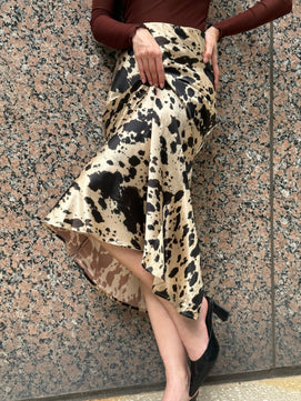 Western Animal Cow Print Satin High Waist Skirt