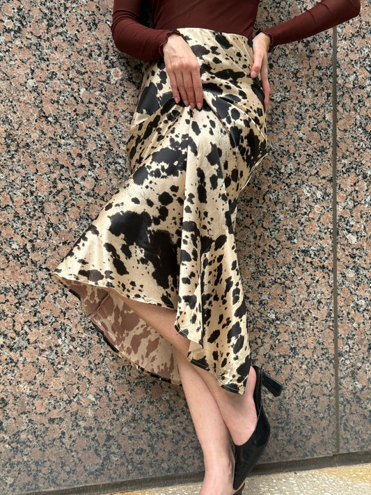 Western Animal Cow Print Satin High Waist Skirt