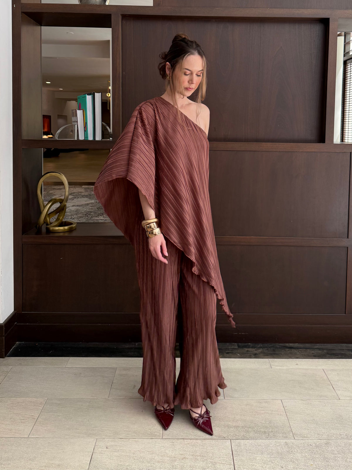 Pleated One Shoulder Tunic Top And Pant Set