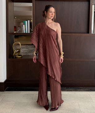 Pleated One Shoulder Tunic Top And Pant Set