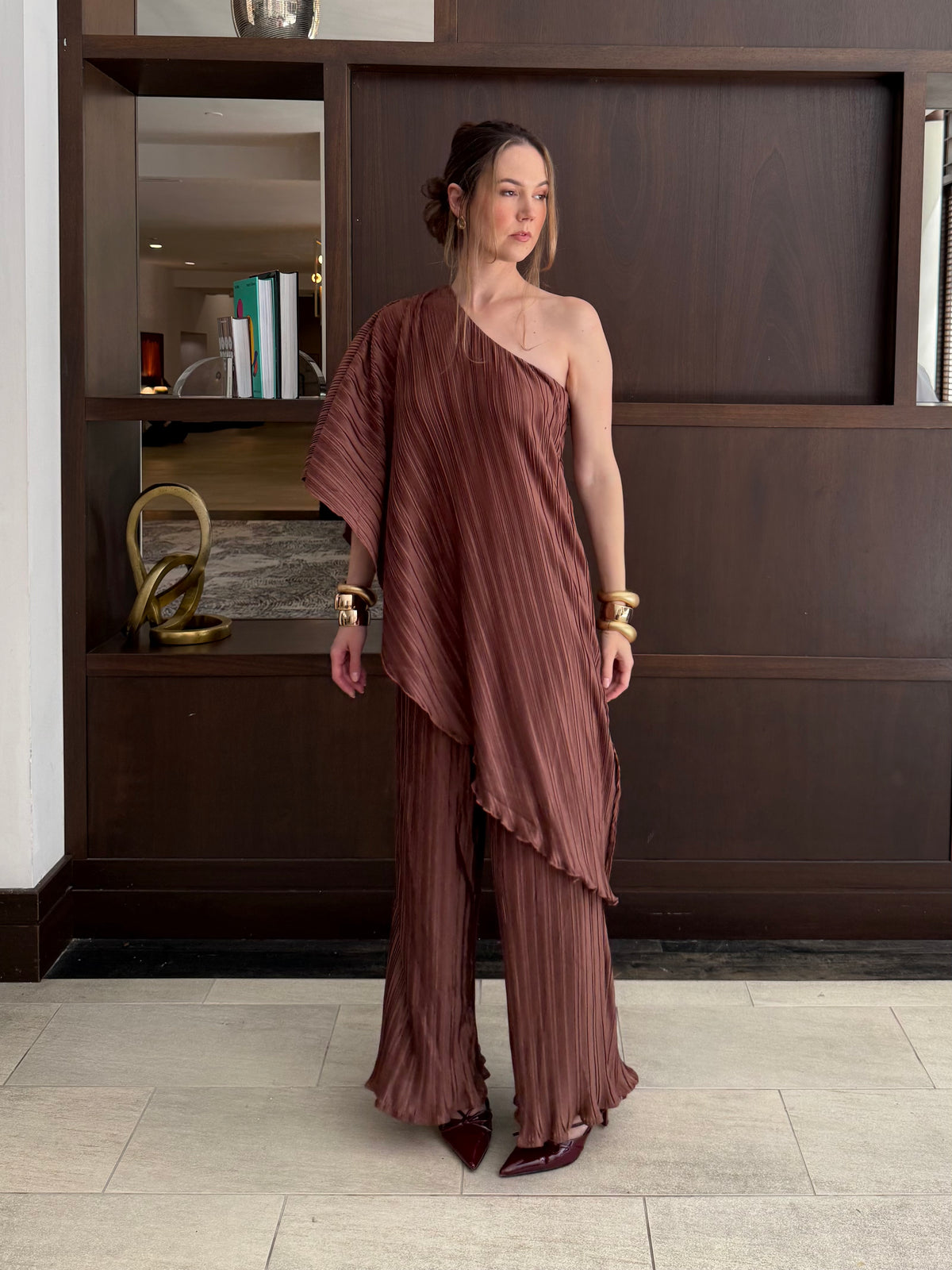 Pleated One Shoulder Tunic Top And Pant Set