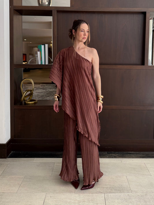 Pleated One Shoulder Tunic Top And Pant Set