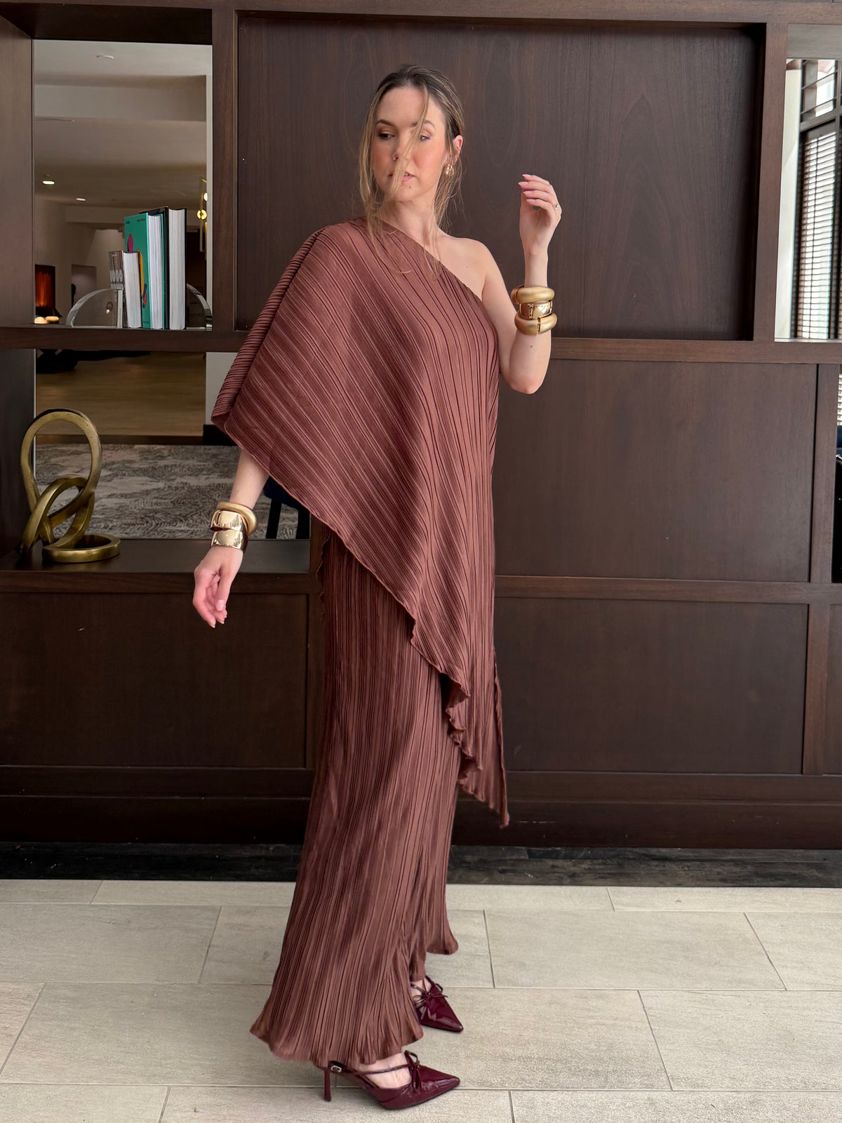 Pleated One Shoulder Tunic Top And Pant Set