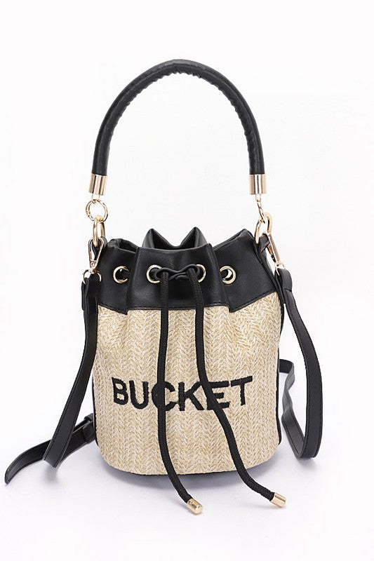 Top Handle Faux Straw Bucket Bag