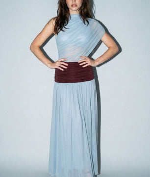 Colorblock Mesh Maxi Dress With Contrast Waist