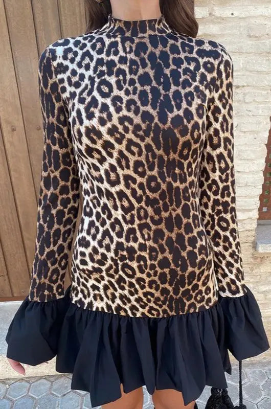 Ruffled Hem Leopard Mini Dress