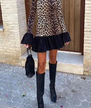 Ruffled Hem Leopard Mini Dress