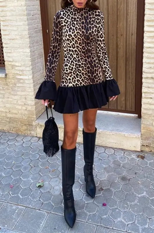 Ruffled Hem Leopard Mini Dress