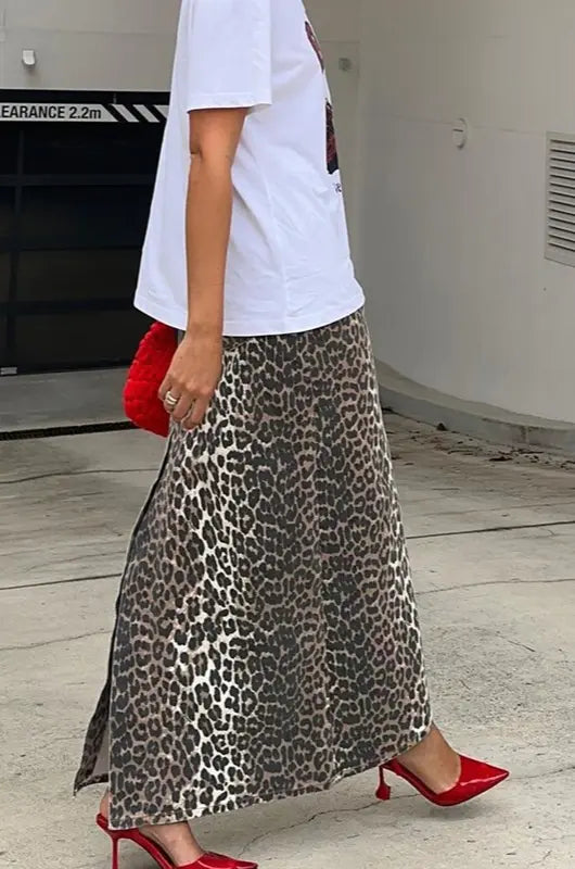 Split-Hem Leopard Print Maxi Skirt