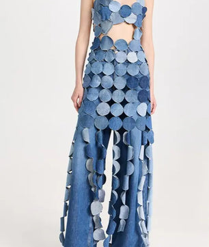 Denim Circle Cutout Halter Maxi Dress