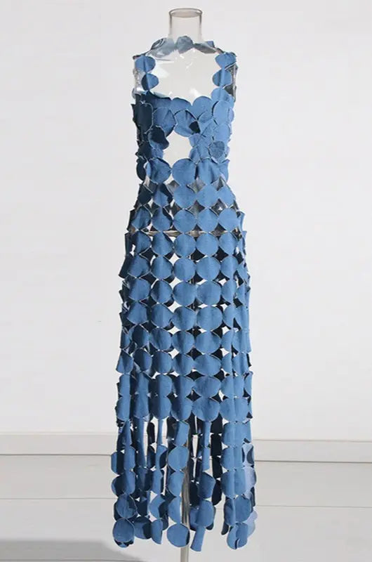 Denim Circle Cutout Halter Maxi Dress | Bold & Chic LC House The Collection Denim Circle Cutout Halter Maxi Dress | Bold & Chic LC House The Collection