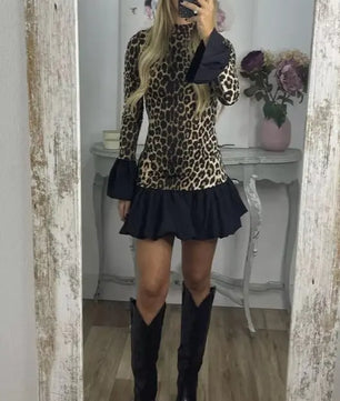 Ruffled Hem Leopard Mini Dress