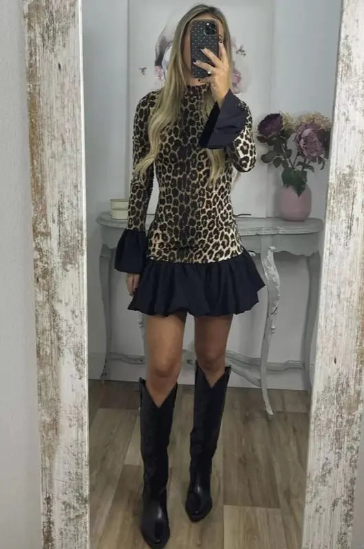 Ruffled Hem Leopard Mini Dress