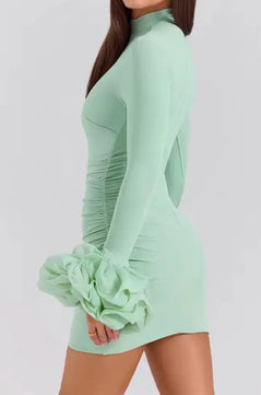 Mint Green High Neck Full Sleeves Short Mini Puffy Dress