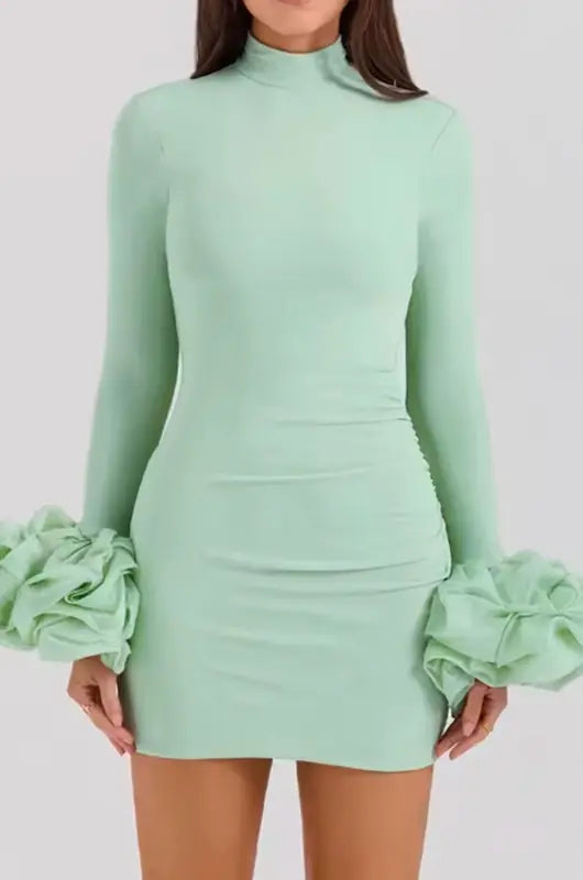 Mint Green High Neck Full Sleeves Short Mini Puffy Dress