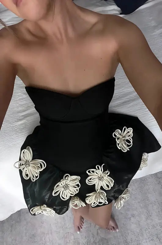 Strapless Mini Dress with Floral Appliques