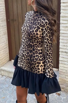 Ruffled Hem Leopard Mini Dress