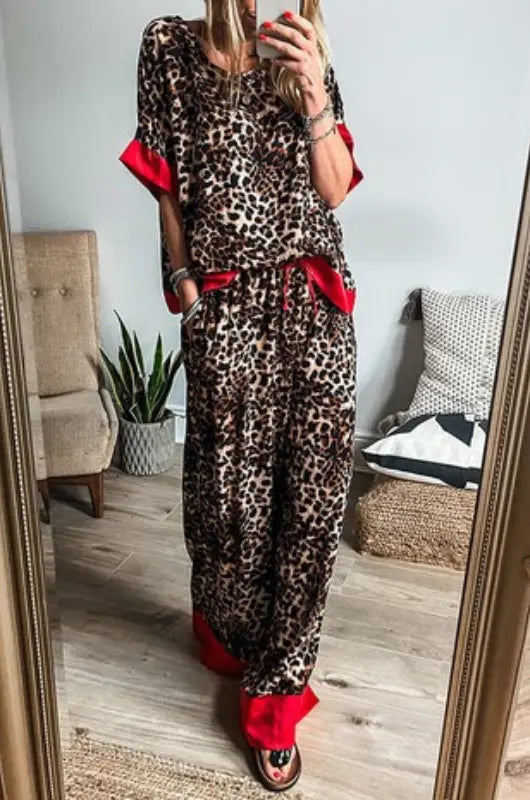 Color-Block Trim Leopard Print Pants Set