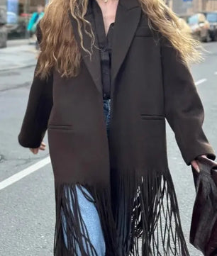Fringed Solid Wool Blend Notch Collar Coat