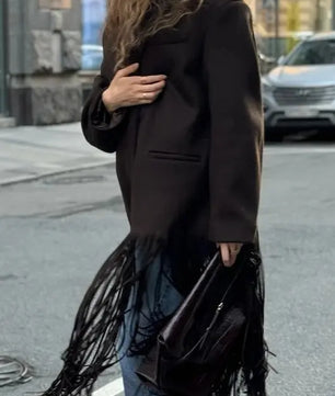 Fringed Solid Wool Blend Notch Collar Coat