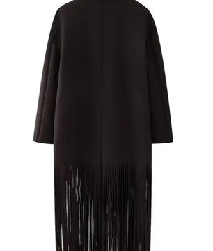 Fringed Solid Wool Blend Notch Collar Coat
