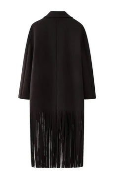 Fringed Solid Wool Blend Notch Collar Coat