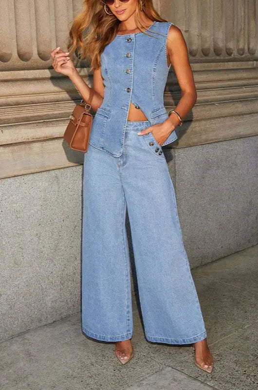 Denim Sleeveless Vest and Wide-Leg Pants Set