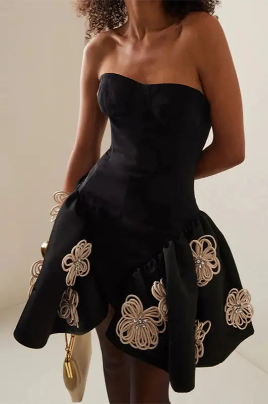 Strapless Mini Dress with Floral Appliques